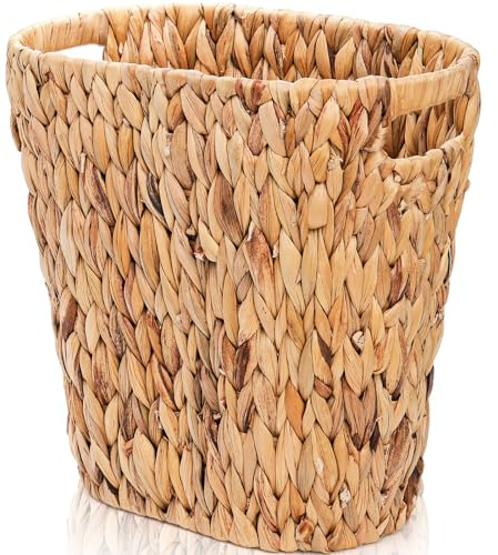 Pumtus Wicker Waste Basket, Handwoven Trash Can with Built-in Handles, Water Hyacinth Waste Bin, Garbage Storage Container for Bedroom, Bathroom, Kitchen, Office, Laundry, Utility Room