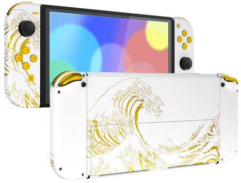 eXtremeRate Cover Tasti Pulsanti Ricambio per Nintendo Switch OLED Console Joycon,Custodia Posteriore Controller Scocca Supporto Shell KickStand per Nintendo Switch OLED-Grande Onda d'Oro Bianca