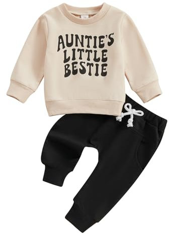 XIXIMAON Auntie 's Little Bestie Toddler Baby Girl Boy Clothes Set Long Sleeve Lettered Jumper Sweatshirt Matching Pants Set Fall Spring Outfits (Black, 6-12 Months)