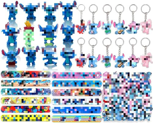 86Pcs Stit-ch Party Mitgebsel, Cartoon Aufkleber + Schnapparmbänder + Mini Figuren Set + Cartoon Schlüsselanhänger, Stit-ch Party Geschenk für Mädchen Jungen