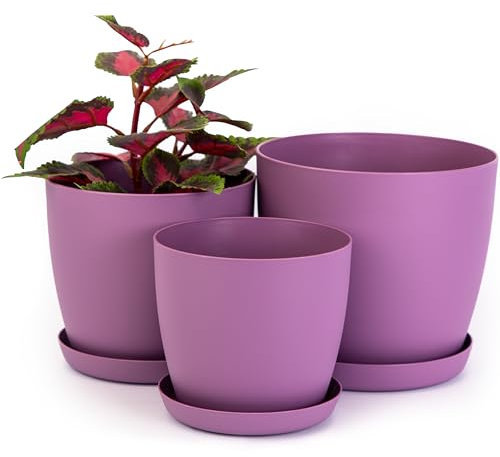 Home Garden Ornaments Vaso per Piante da Interno Viola Set di 3 Misure 14/16/18 cm - Opaco Vaso da Esterno con Sottovaso Senza Fori di Drenaggio - Vasi per Piante da Esterno (Viola)
