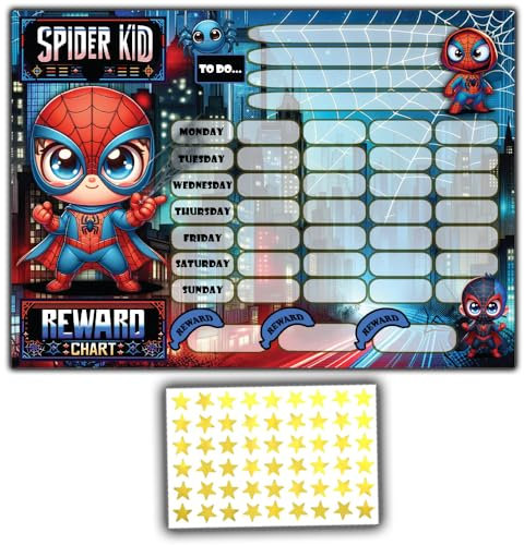 Good Behaviour Belohnungstabelle Superheld, Spider-Kind-Thema, 100 goldene Stern-Aufkleber, frühes Lernen und Routine