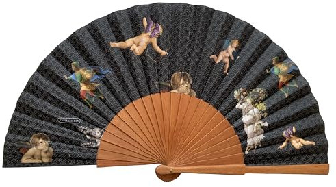 Tusitala Barcelona Perseus Handfächer – Aus Holz und Baumwolle - 100% spanisches Handwerk - Inklusive natürlicher Jutetasche - Handgefertigtes Modeaccessoire - 23 cm.