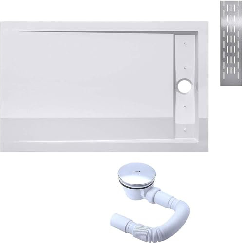 Plato de Ducha Plano Rectangular 80x140x5 cm Acrílico Blanco | Incluye Válvula de Desagüe AL01 | Instalación a Ras de Suelo | Conexiones DIN | Xetro04W