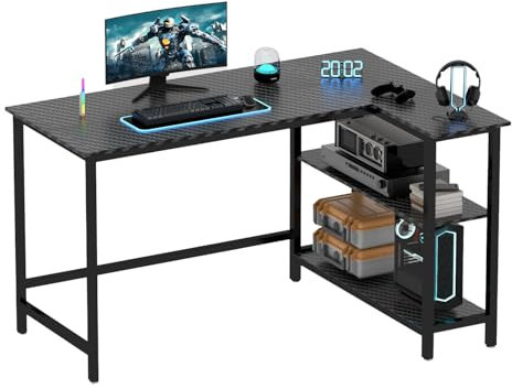WOODYNLUX L Shaped Desk - 43 Inch Gaming Desk, Modern Carbon Black Computer Desk with Shelf, Space-Saving Workstation Table
