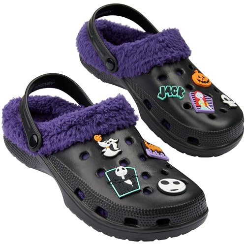 Disney Stitch Zuecos Invierno Mujer con Forro Polar Zapatos sin Cordones Zapatillas Casa Jardín con o sin Charms (Negro Jack Skellington, 35/36 EU)