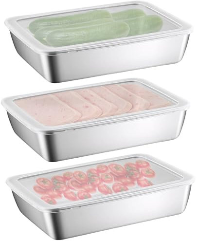Nivofu 3PCS Stainless Steel Meal Box Food Containers with Plastic Lids Deli Meat Containers Storage Box Fridge Crisper Airtight Cookie Container Salad Plate Vegetable Container for Fridge