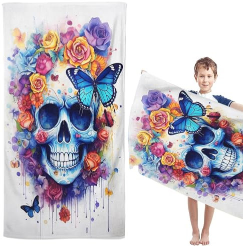 CYSYLQW Skull Totenkopf Strandtücher Groß 80×160cm Skull Blumen Skelett Badetuch Strandlaken Handtücher 50x100cm Gotisch Badetuch Groß 100x200cm Microfaser Handtücher (40 x 80 cm,3)