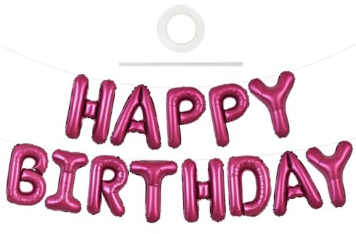 TONIFUL Happy Birthday Balloons Banner with Ribbon Straw, 16 Inch Mylar Letters Birthday Sign Banner Balloon Bunting Reusable for Kids & Adults Construction Party Supplies (Wine Red)