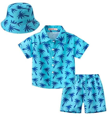 Yruioon Jungen Hawaii Kleidung Set Sommer Kurzarm T-Shirt Tops + Shorts + Sonnenhut Kinder Sommer Strand Bekleidungsset Hellblau 122-128
