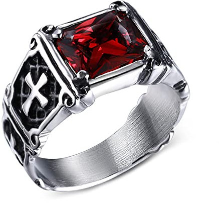 Grewod Edelstahl Ringe Herren, 12MM Ring Silber Kreuz mit Rot Rechteck Zirkonia Ehe und Verlobungsring Größe 54 (17.2)