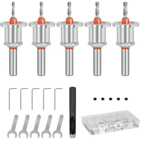 SUPAWAY 5pcs Brocas avellanadora ajustable Avellanador de 8 mm con tope de profundidad HSS countersunk con llave hexagonal y tornillo Brocas de acero aleación para taladrar madera 2,8+3+3,2+3,5+4,0 mm