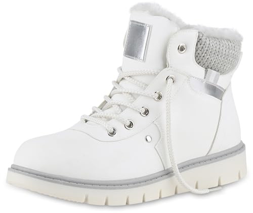 VAN HILL Damen Worker Boots Flach Strick Trendy Schuhe 216492 Weiss 37