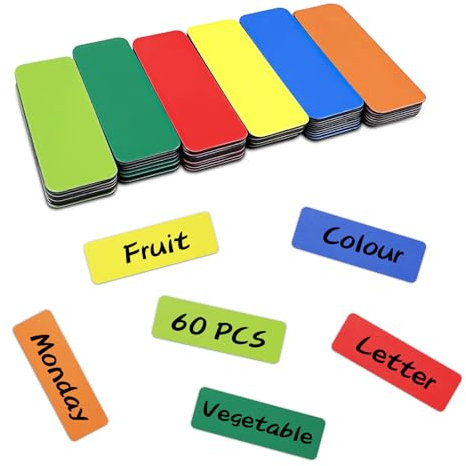 Fervalyna 60 Stück Magnetstreifen Beschreibbar, 6 Farben Beschreibbare Magnete Whiteboard Zubehör, Wiederverwendbar Magnet Streifen, Magnetschilder zum Beschriften, Abwischbare Magnetschild (60x20 mm)