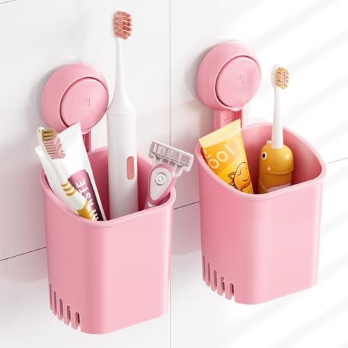 TAILI Saugnapf Zahnbürstenhalter ohne Bohren 2 Stück, Max Halt 3 KG Zahnbürstenhalter Wand für Dusche, Badezimmer Zahnputzbecher, Wasserfester Rasierklingenhalter, Zahnpastahalter, Plastik in Rosa