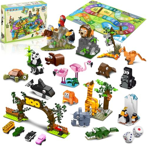 HOGOKIDS 23 Tiere Zoo-Bausatz mit Spielmatte – Zoo-Brettspiel mit 2 Würfeln, 4 Tierauto-Spielzeugen, 9er-Pack Partygeschenke für Kinder, Klassenzimmerpreise, Geschenke für Jungen Mädchen ab 6 Jahren