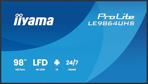 iiyama Prolite LE9864UHS-B1AG - Pantalla de señalización digital de 98 pulgadas, panel LED VA 4K UHD HDMI USB-C USB 2.0 RS-232c RJ45 Android 14 OS iiSignage² WiFi Media Player 24/7 negro antirreflejos