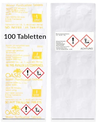 Wicked Chili 100 Stück 1 Liter Wassertabletten zur Trinkwasser Entkeimung, Wasseraufbereitung Entkeimungsmittel, Wasserentkeimung & Trinkwasseraufbereitung, Reiseapotheke Notfall Travel Ausrüstung