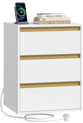 HEXCELEN Bedside Table with Power Strip, Side end Table with 3 Drawers, 2 AC Outlets, 1 Type-C Port, 1 USB Port, Nightstand with 4 Detachable Foot Braces, for Bedroom, Living Room, White