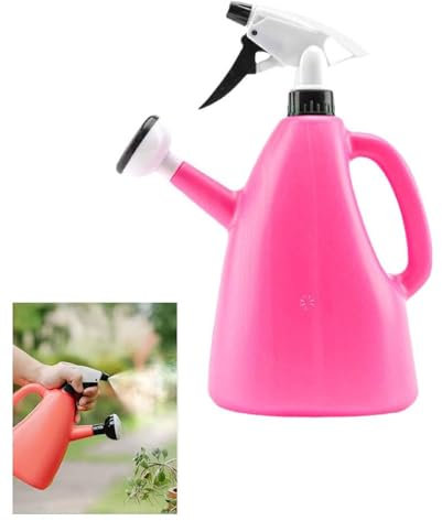 2 in 1 Dual Spray Gießkanne, 1L Handdrucksprüher für Balkon Topfpflanzen & Garten, Einstellbare Düse mit Rose & Jet Modi, Verdickter Kunststoff für Innen Außen (Rosa)