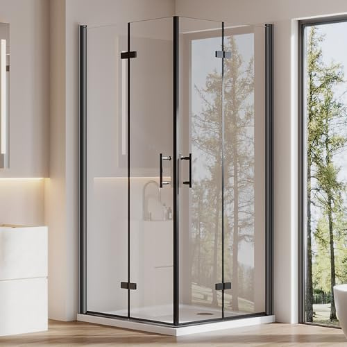 Cozynest Duschkabine Schwarz 100x120x195cm Eckeinstieg Falttür Eckdusche | Doppelte Faltbare Duschtür Dusche mit 6mm ESG Nano beschichtung Sicherheitsglas Hebe-Senk-Mechanismus Platzsparende