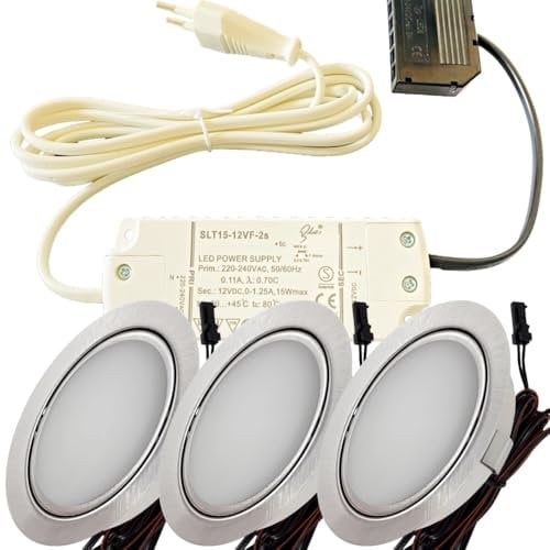 LED Einbaustrahler Möbel 12V 3W – 3er Set mit Trafo, Kabelbaum & Netzstecker – Plug & Play Spots warmweiß 3000K – Ø65 mm, 55–60 mm Einbauloch – flache LED Einbauleuchten für Möbel in Küche & Schrank