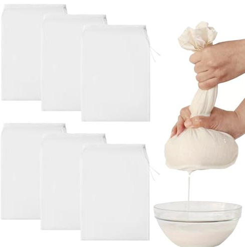 6 Pcs Cheesecloth Drawstring Bags, 20 x 30cm Reusable Fine Mesh Straining Bags for Juice, Jam Making, Yogurt, Nut Milk and Coffee
