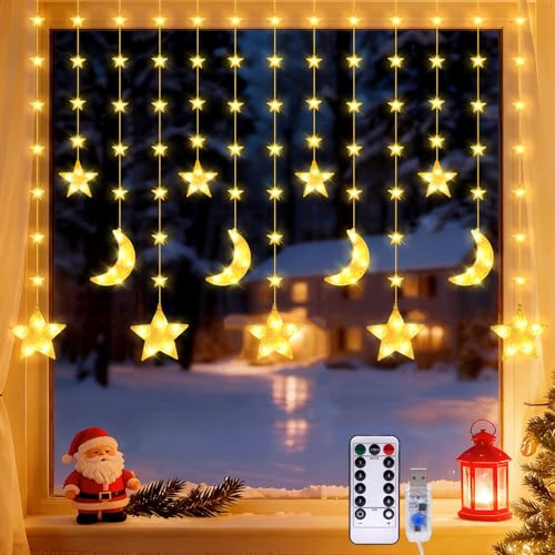 BomKra Weihnachtsbeleuchtung Fenster Lichtervorhang Innen, 3.5M 180 LED Weihnachtsdeko Fenster Beleuchtet, USB Lichterkette Weihnachten mit Timer, 8 Modi für Innen Außen Deko (Sterne und Mond)