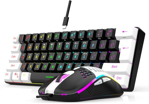 60% Wired RGB Gaming Keyboard and Mouse Combo, 14 Mode of Backlight, 6400 DPI Gaming Mouse, Mini Keyboard with Membrane Switch Comfort Use Budget Typing for PC Computer Laptop (Black-White)