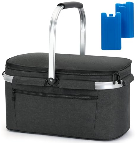 ALLCAMP Faltbar Isoliert Kühltasche - Einkaufskorb | Mit 2 Kühlakkus,leicht zu reinigen,faltbar für Aufbewahrung,Aluminiumfolie,Aluminiumrahmen,für Picknick,Camping,Einkaufen