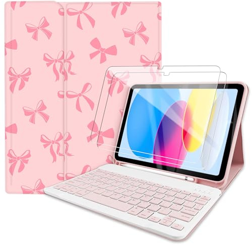 TopPerfekt with Bluetooth Keyboard for iPad 10th Gen 10.9'' 2022 case (A16) 11th/10th Gen Case 11''2025 Case with Screen Protector, Pencil Holder with 2 Pack 9H Hardness Tempered Glass, Pink -Pink Bow