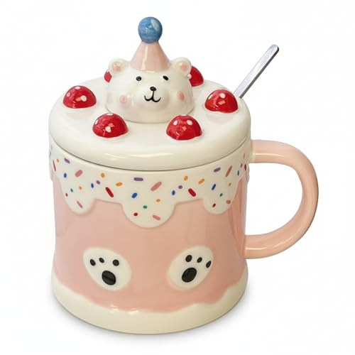 Taza Bonita para Mujer 450 ml, Taza de Café con Tapa y Cuchara, Idea de Regalo Original, para Leche, Café, Té, Desayuno, Regalo para Cumpleaños y Navidad (Rosa)