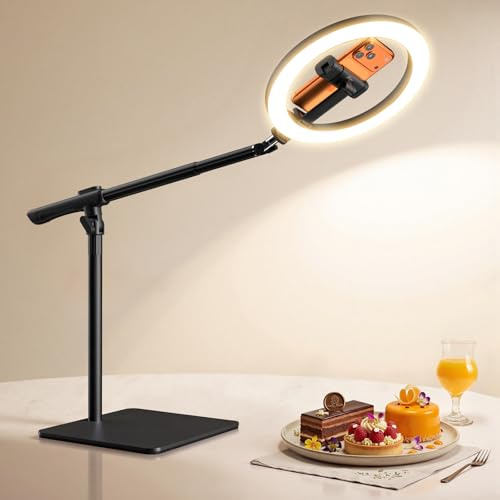 LUXSURE Overhead Phone Mount with Ring Light Desk, 10 Ring Light with Tripod Stand & Phone Holder for iPhone & Android, 3 Colour Modes, 10 Brightness Levels, for Video & Live Streaming, Cooking
