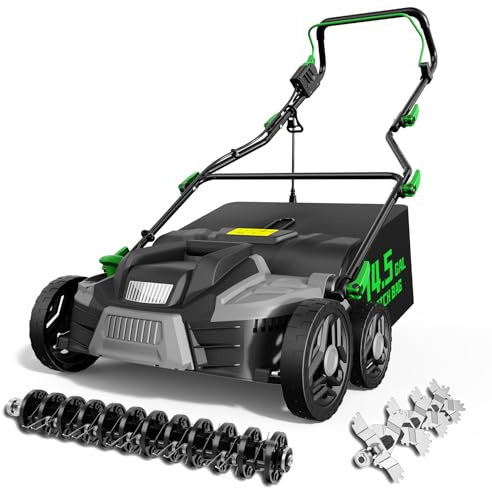 TIECTOWN 2026 Upgrade 16-Inch 15.5 Amp 2-in-1 Electric Dethatcher and Scarifier with 14.5-Gallon Collection Bag, Lawn Dethatcher with 5-Position Depth Adjustment, Keeps Lawn Healthy - Green