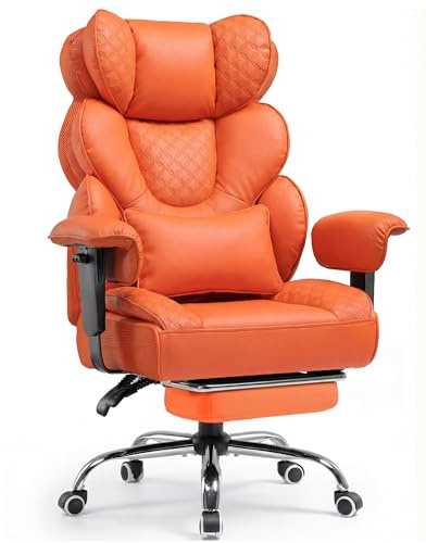 COMHOMA Ergonomischer Gaming Stuhl, Bürostuhl 180 kg, mit Verstellbarer Lendenstütze & Fußstütze, Hybrid-Design aus Kunstleder & Mesh, 150° verstellbare Rückenlehne, hoher Chefsessel, orange