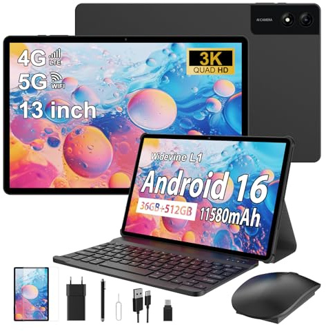 RUSHAR 3K Android 16 Tablet mit Tastatur - 36GB RAM+512GB ROM/TF 2TB, Octa Core,Gaming Tablet 13 Zoll, 2944×1840 IPS, 4G LTE & 5G WiFi, 11580mAh/13MP+8MP/90Hz/Widevine L1/Maus/Stift, Schwarz