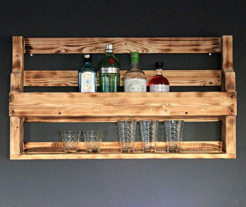 Scaffale in legno per whisky - con portabicchieri - fiammato - stile industriale - pronto per il montaggio - bar a muro - scaffale in legno per whisky