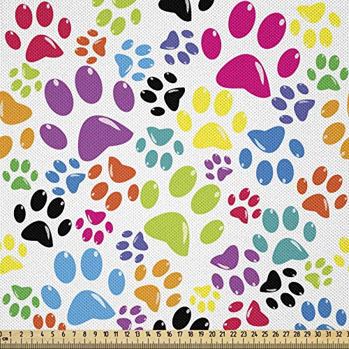 ABAKUHAUS Bunt Stoff als Meterware, Cartoon Hund Pfote Spuren, Seidiger Satin Stoff für Polster Heimtextilien, 1M (148x100cm), Lila Blaues Grün