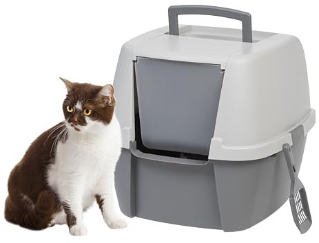 IRIS USA Jumbo Enclosed Cat Litter Box with Front Door Flap and Scoop, Hooded Kitty Litter Tray with Handle and Buckles for Portability and Privacy, Gray