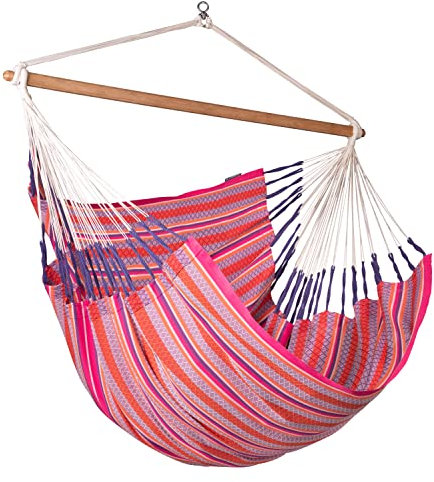 La Siesta®- Habana Hängesessel Kingsize Size für Entspannung & Stil: 360° Drehgelenk, hochwertiges Bambusholz- GOTS-zertifizierte Baumwolle.(Flamingo)