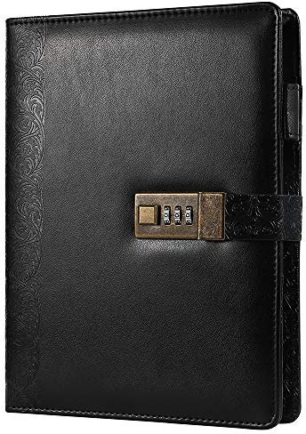 CAGIE Locking Journal for Adults Journal with Lock Combination Passwords 6 Rings Refillable Embossed Large Leather Binder Notebook, Black