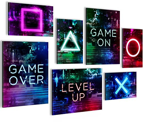 Novart Wandbilder Spielkonsole Gamer - KOMPLETT AUFHÄNGFERTIG - Bunt Kinderzimmer Junge Teenager - 7 Moderne Mood-Bilder - N021371a