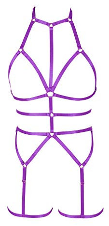 Damen Ganzkörper Brustgeschirr Riemchen Rahmen Bralette Dessous Punk Käfig Taille Strümpfe Strumpfband Gürtel Set Halloween Dance Club Party Rave Wear Gr One Size (Purple)