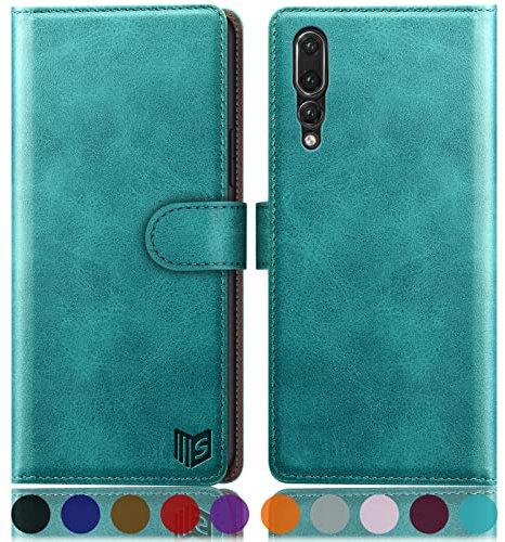 SUANPOT [RFID Schutz für Huawei P20 Pro Hülle PU Leder Handyhülle Lederhülle Klapphülle Kartenfach Flip Cover für Huawei P20 Pro Handy hülle Leather Wallet Phone Case Blau Grün