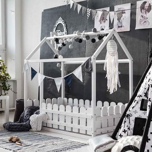 Kinderbett aus Holz - Montessori-Bett mit entnehmbarem Bettgitter/Rausfallschutz, Lattenrost - Handgemacht, nordeuropäische Qualität - Verschiedene Größen, wahlweise lackiert (70 x 140 cm, Weiß)