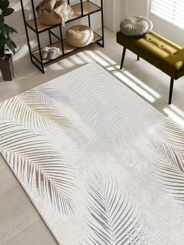the carpet Mila - moderner Kurzflor Teppich, Wohnzimmer, Schlafzimmer, Eleganter Glanz, Glanzfaser, Hoch-Tief Effekt, Feder, Creme, 160 x 230 cm