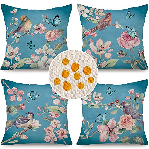 Cirzone wasserdichte Kissenbezuge Frühling 4 Stück 45 x 45 cm Dekorative Outdoor Kissen Frühling Wasserfest Atmungsaktiv Blaue Vögel und Blumen Kissenbezugen Werden für Sofakissen Garten Outdoor