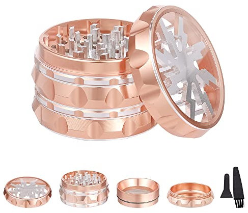 TIRIRS 6,3 cm, 4 Stück, transparente Oberseite Kräutermühle – Aluminium Gewürzmühle mit Pollenschaber und Reinigungsbürste – Roségold.