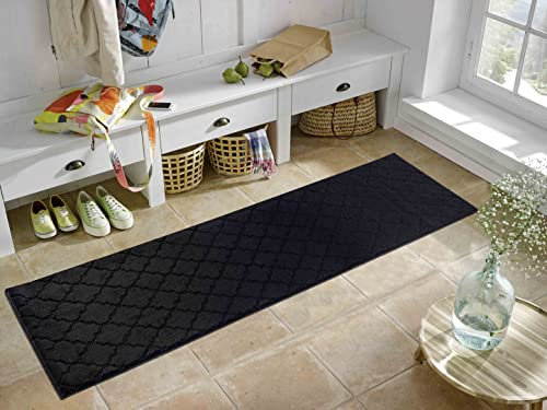 GULLAMBO Door Mat - Non Slip Mat For Tiles Lino lamination Wood Flooring - Washable Front Door Mat Inside, Super Absorbent Dirt Trapper - Kitchen Door Mats Rugs (Black Trellis, 60cm x 110cm)