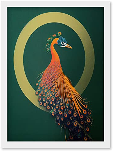 Wee Blue Coo Glamorous Stylish Chic Modern Peacock Illustration Green Gold Orange Artwork Framed Wall Art Print A4